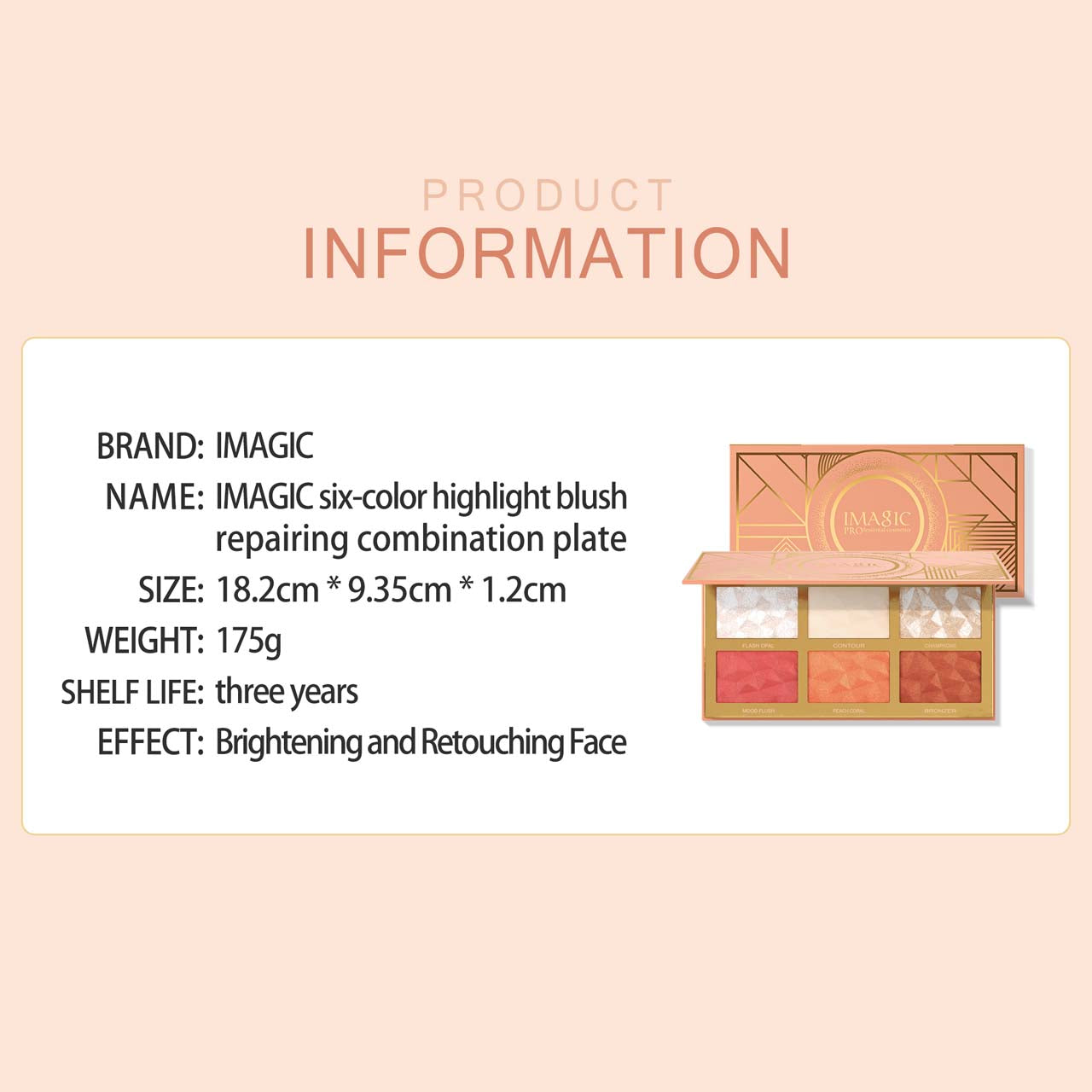 IMAGIC PROfessional 6 Color Highlight & Blush & Contour Palette FA-126