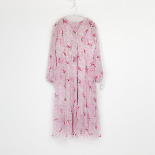 Pink Floral Pattern Long Sleeve Abaya Dress