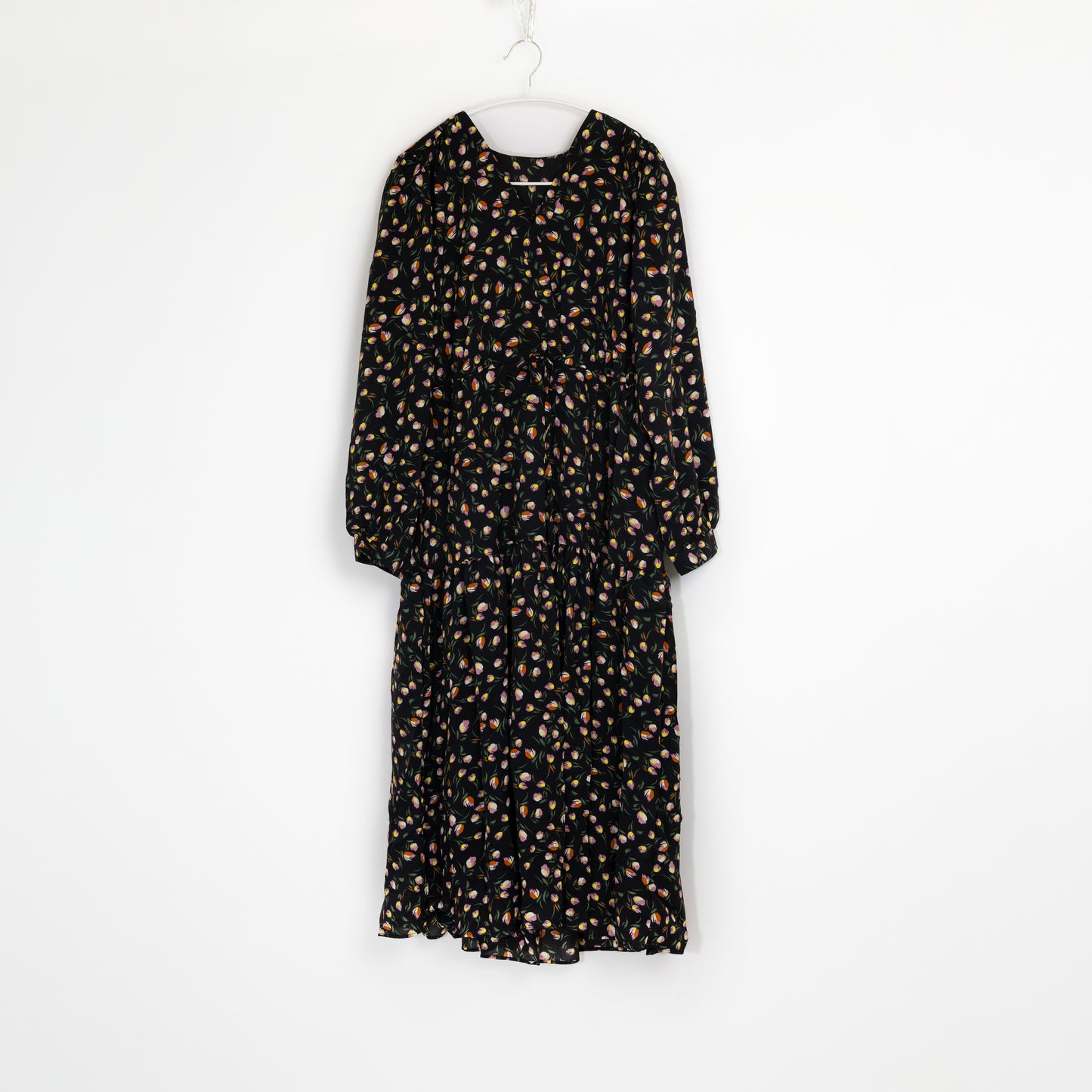 Black Floral Pattern Long Sleeve Abaya Dress